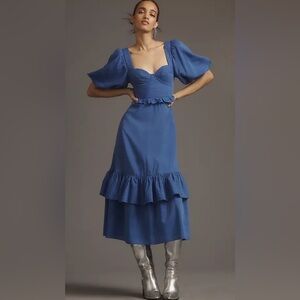 Anthropologie Farm Rio Short-Sleeve Sweetheart Midi Dress Blue Periwinkle Medium